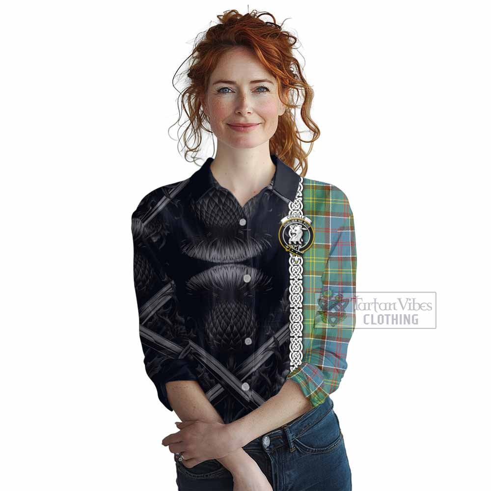 Tartan Vibes Clothing Colville Tartan Women's Casual Shirt with Family Crest Cross Sword Thistle Celtic Vibes