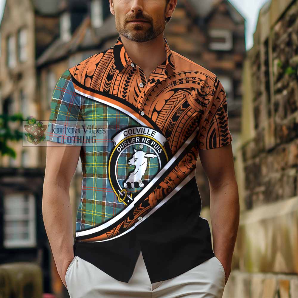 Tartan Vibes Clothing Colville Crest Tartan Short Sleeve Button Shirt with Maori Tattoo Style - Orange Version