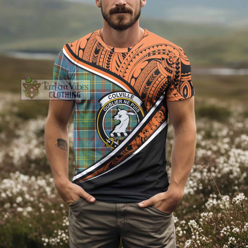 Tartan Vibes Clothing Colville Crest Tartan T-Shirt with Maori Tattoo Style - Orange Version