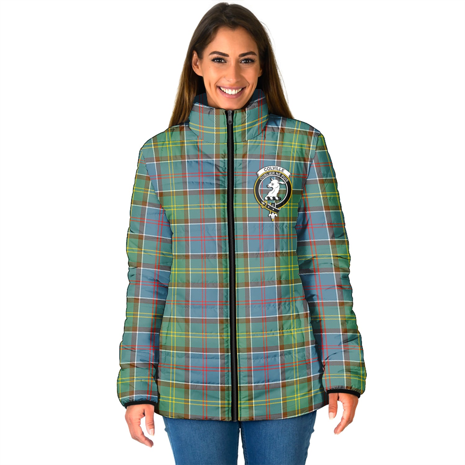 Colville Tartan Padded Jacket with Family Crest - Tartan Vibes Clothing