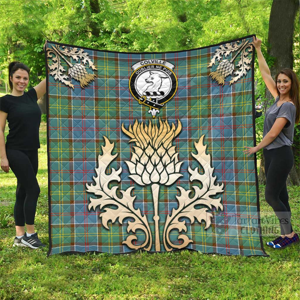 Tartan Vibes Clothing Colville Tartan Quilt with Family Crest and Golden Thistle Style