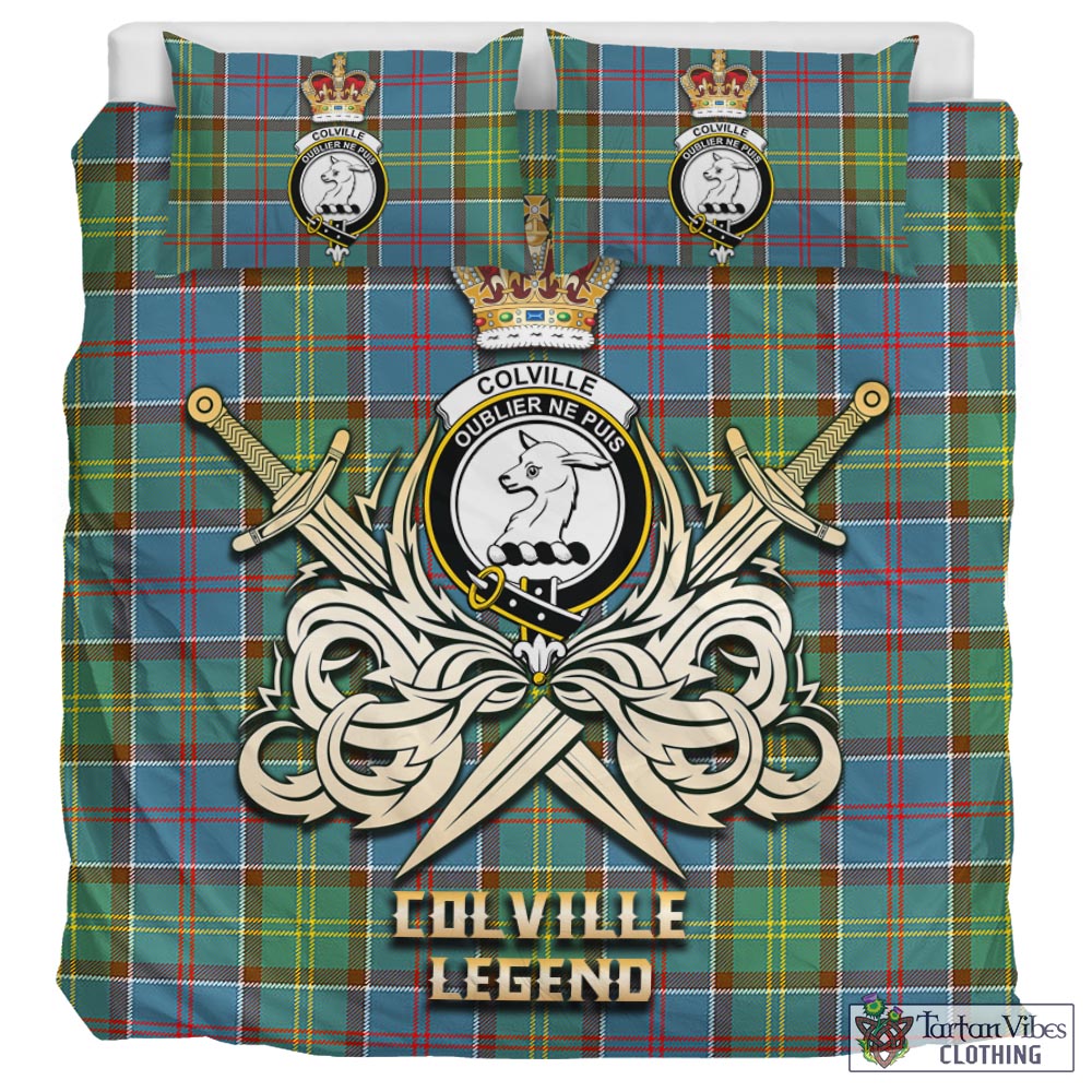 Tartan Vibes Clothing Colville Tartan Bedding Set with Clan Crest and the Golden Sword of Courageous Legacy