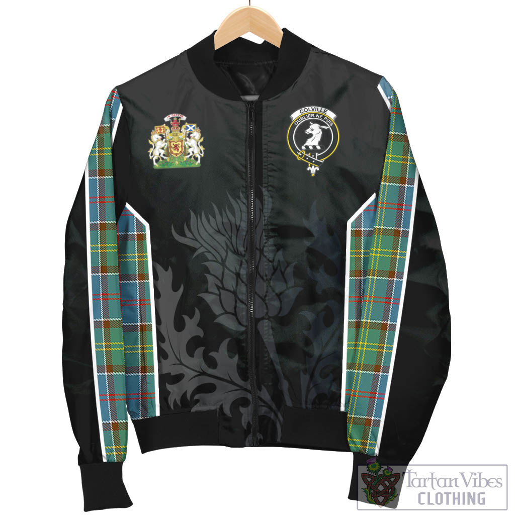 Tartan Vibes Clothing Colville Tartan Bomber Jacket with Family Crest and Scottish Thistle Vibes Sport Style