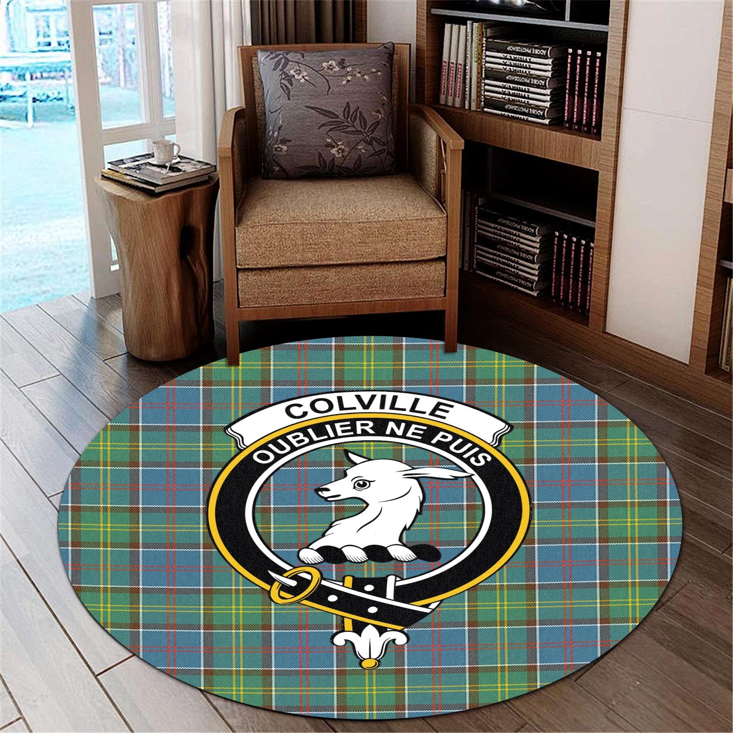 Colville Tartan Round Rug with Family Crest - Tartanvibesclothing