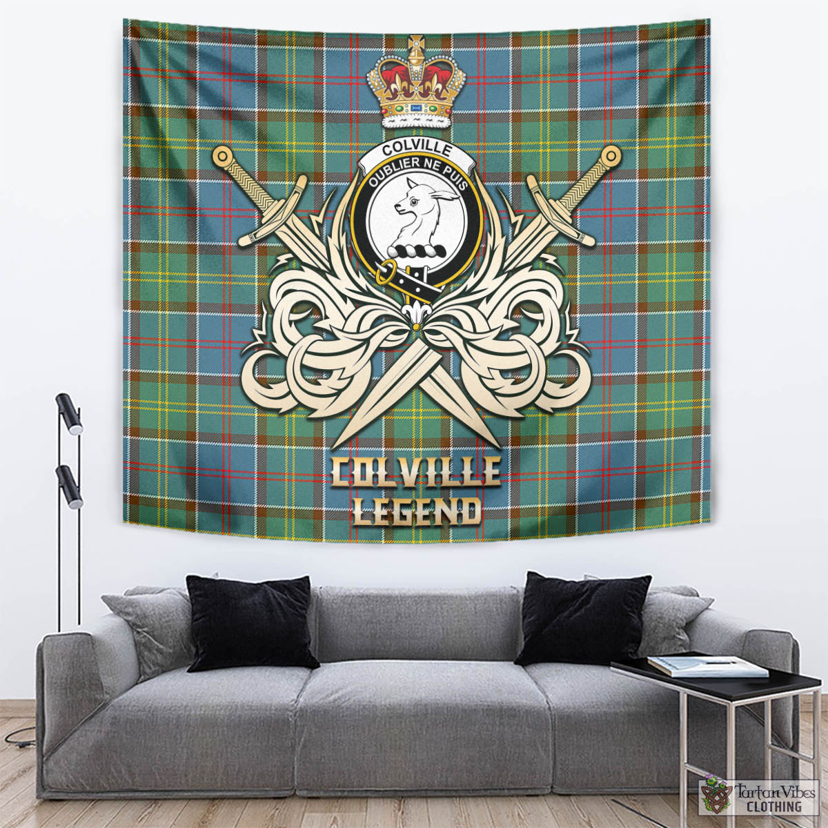 Tartan Vibes Clothing Colville Tartan Tapestry with Clan Crest and the Golden Sword of Courageous Legacy