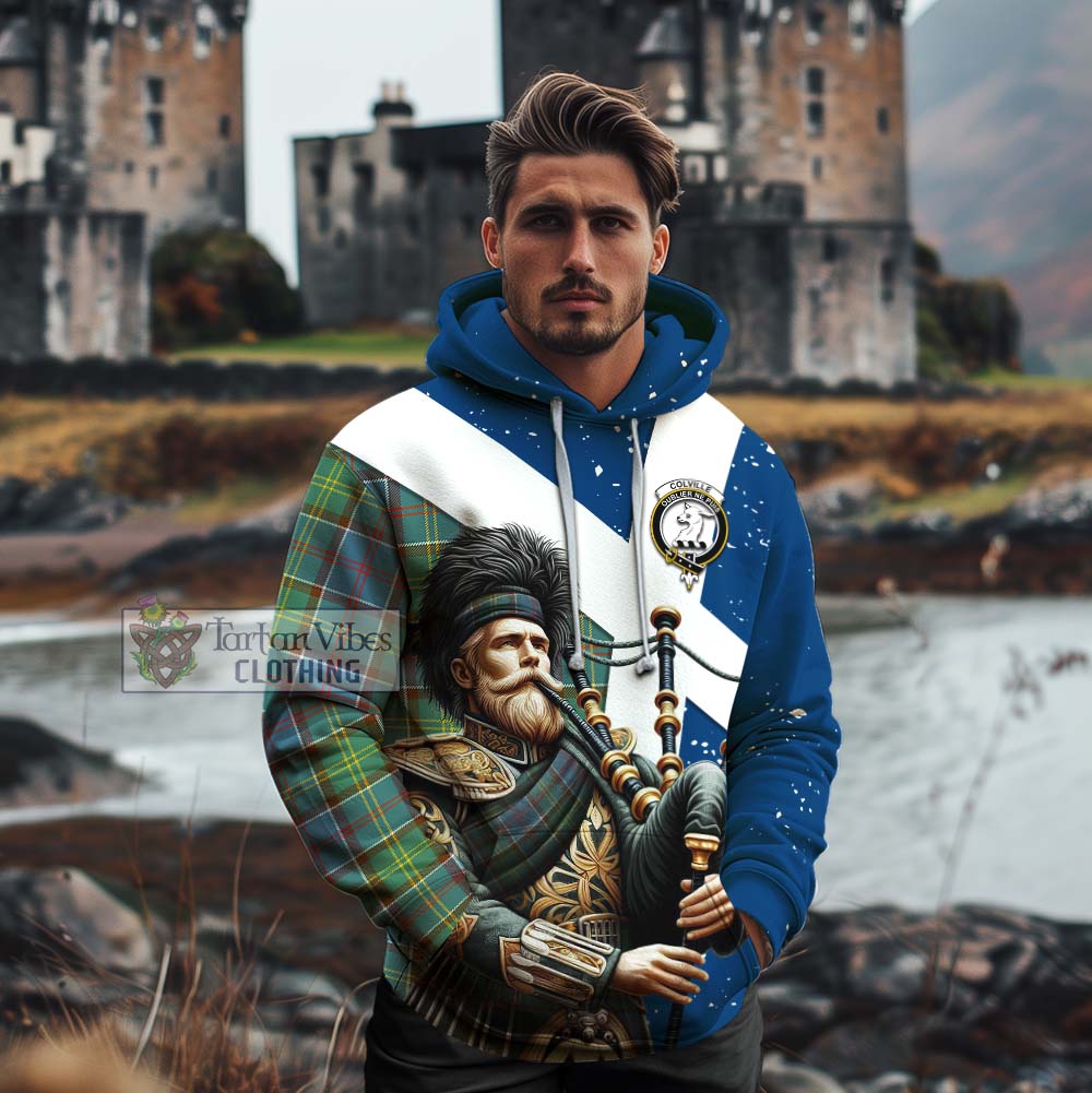 Tartan Vibes Clothing Colville Tartan Cotton Hoodie with Family Crest Scottish Bagpiper Vibes