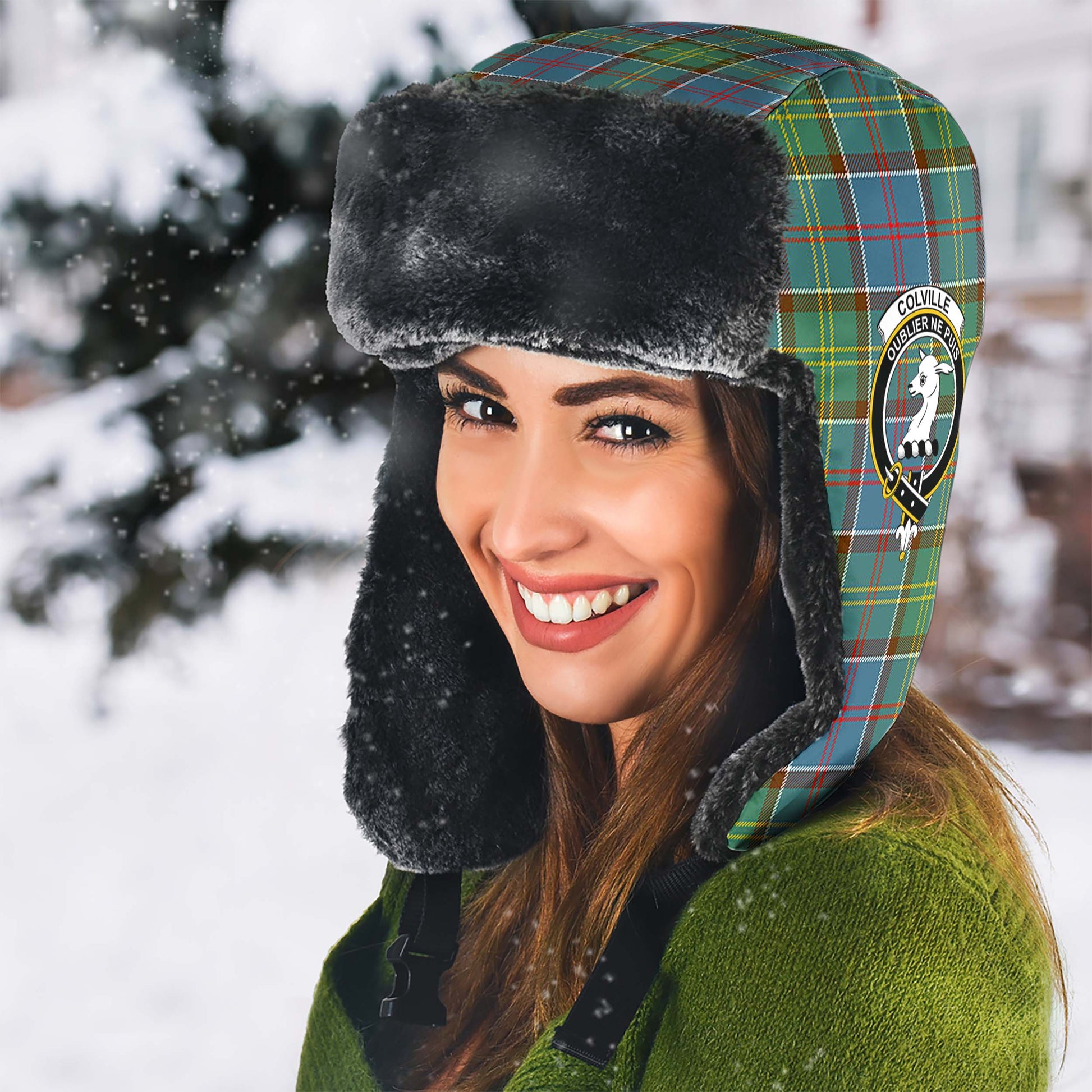 Colville Tartan Winter Trapper Hat with Family Crest - Tartanvibesclothing