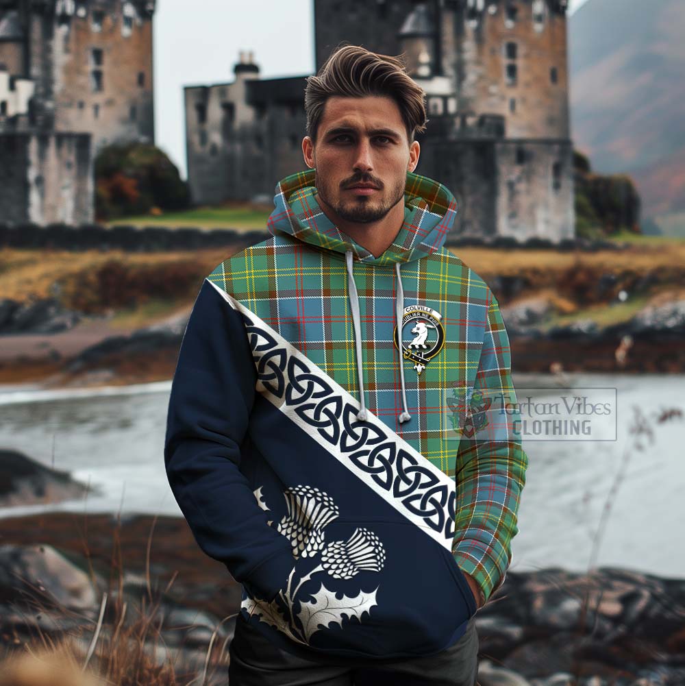 Tartan Vibes Clothing Colville Tartan Cotton Hoodie Featuring Thistle and Scotland Map