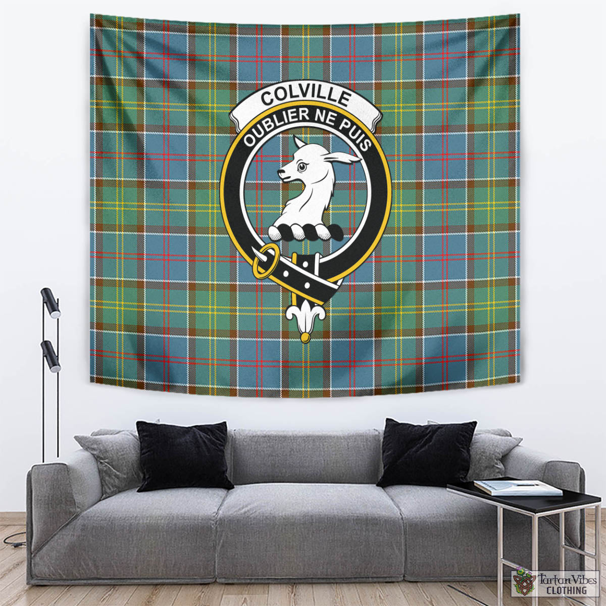 Tartan Vibes Clothing Colville Tartan Tapestry Wall Hanging and Home Decor for Room with Family Crest