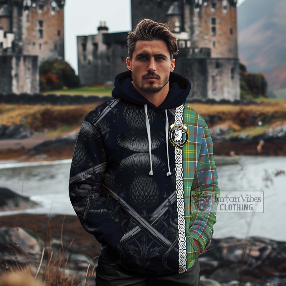 Tartan Vibes Clothing Colville Tartan Cotton Hoodie with Family Crest Cross Sword Thistle Celtic Vibes