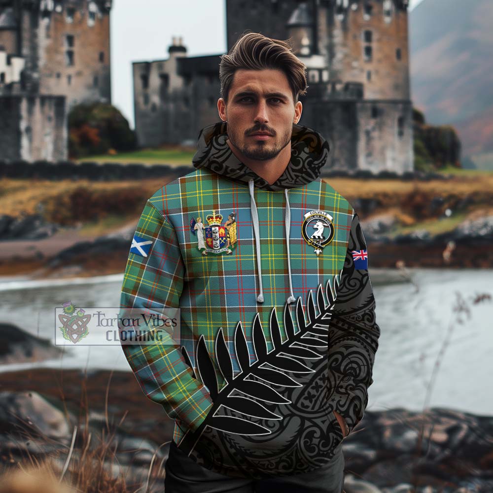 Tartan Vibes Clothing Colville Crest Tartan Cotton Hoodie with New Zealand Silver Fern Half Style