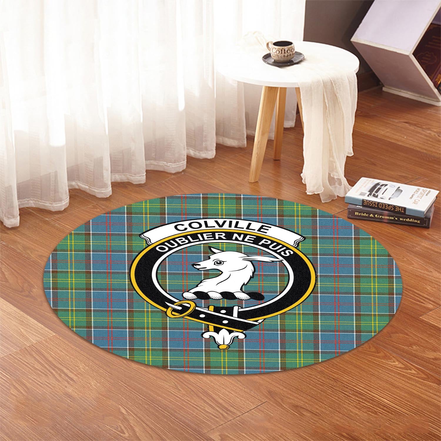 Colville Tartan Round Rug with Family Crest - Tartanvibesclothing