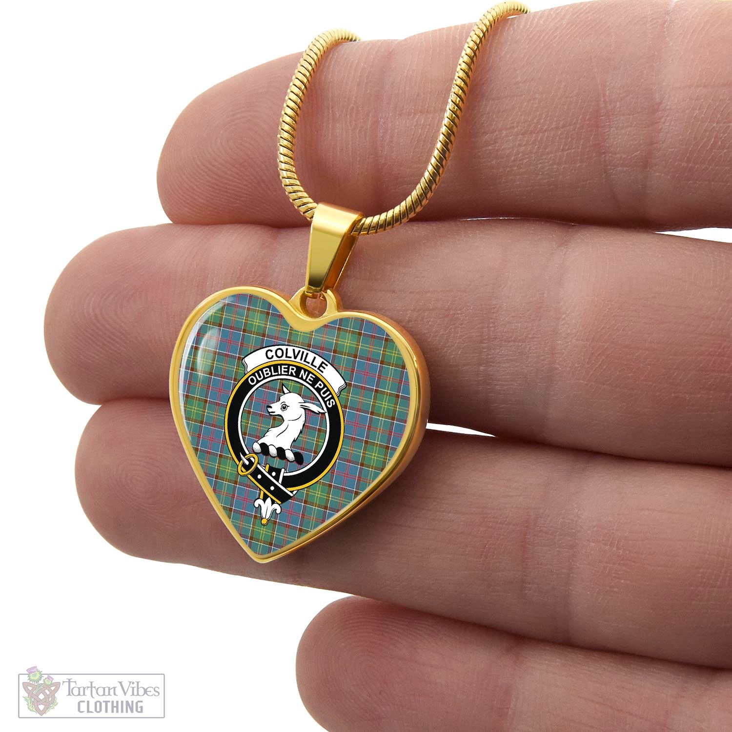 Tartan Vibes Clothing Colville Tartan Heart Necklace with Family Crest