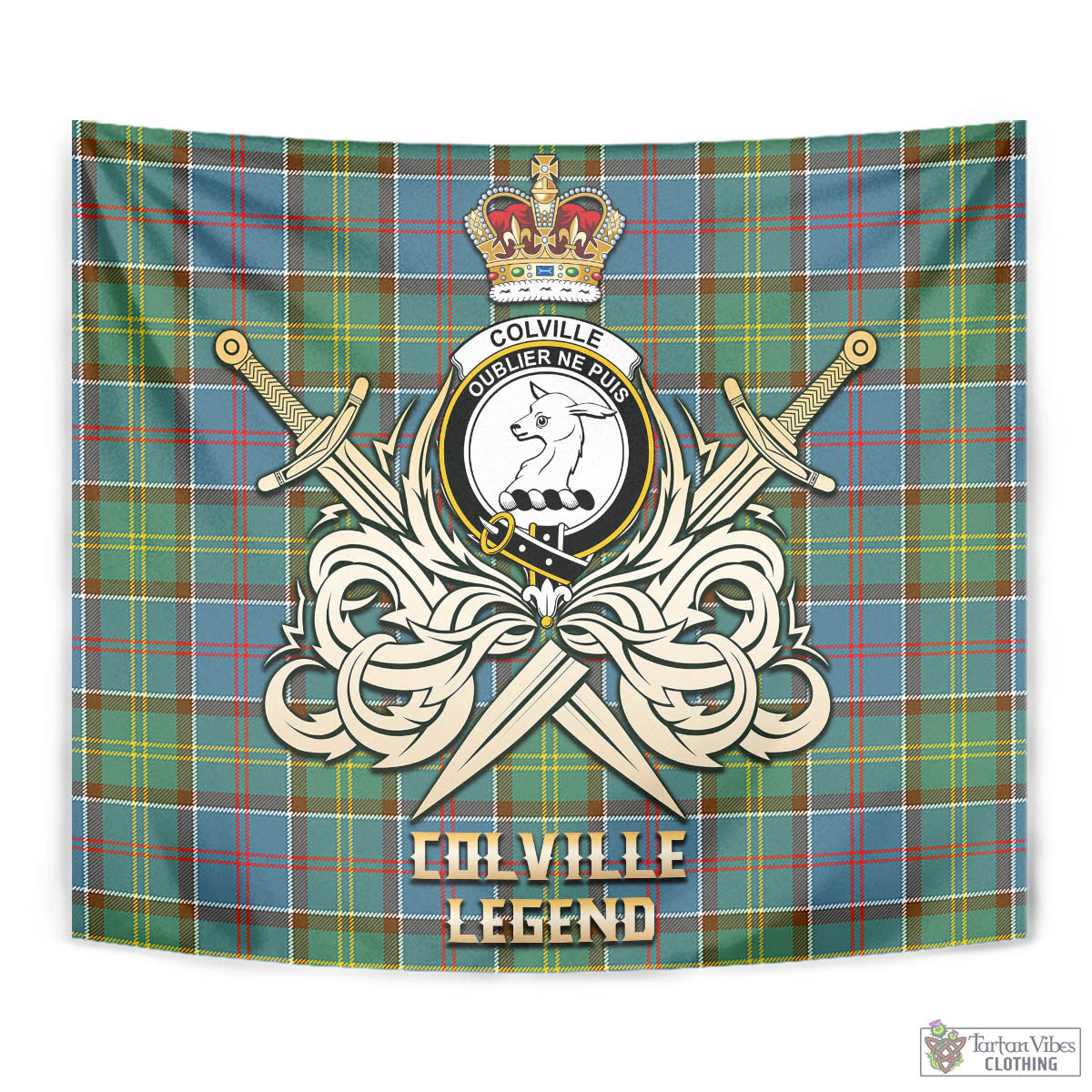 Tartan Vibes Clothing Colville Tartan Tapestry with Clan Crest and the Golden Sword of Courageous Legacy