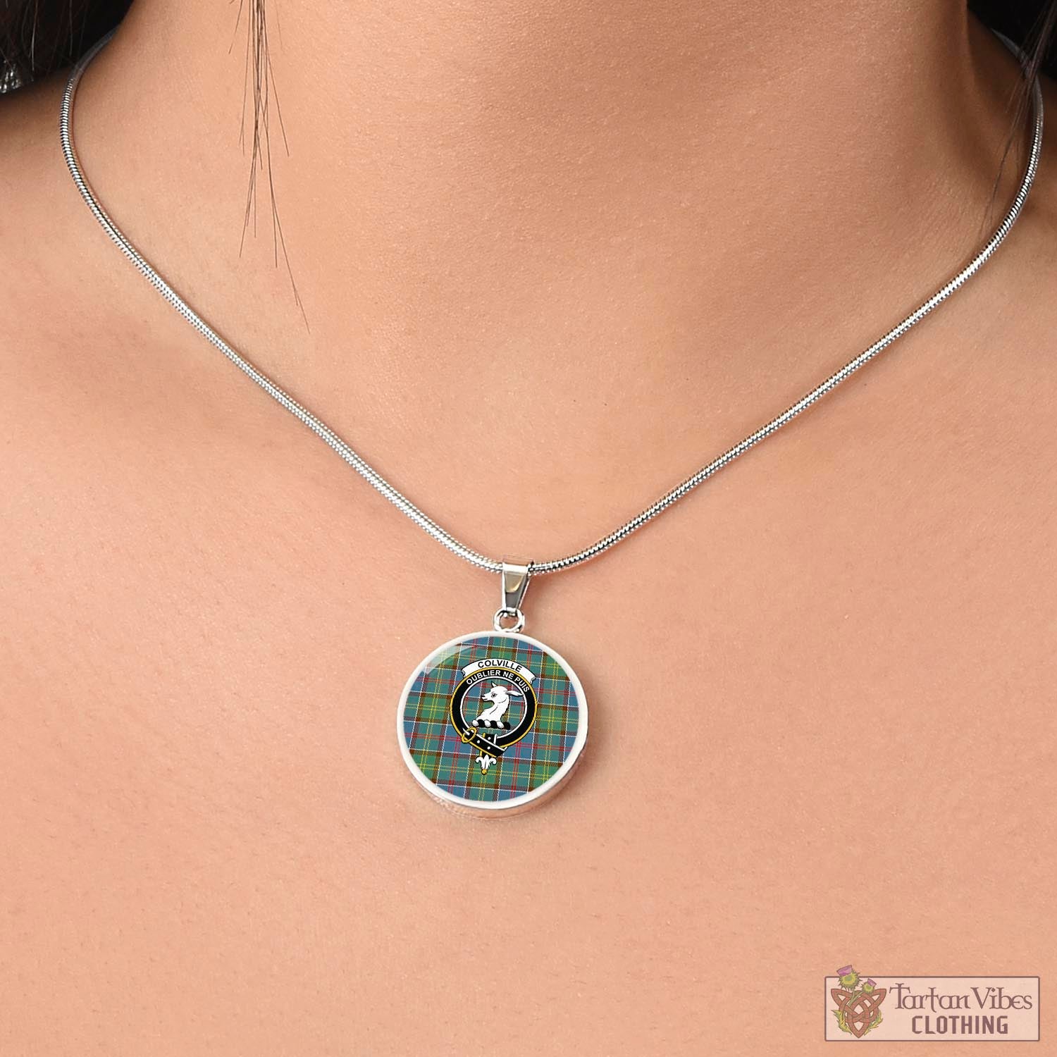 Tartan Vibes Clothing Colville Tartan Circle Necklace with Family Crest