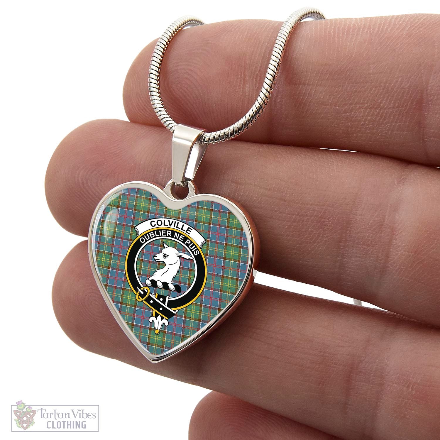 Tartan Vibes Clothing Colville Tartan Heart Necklace with Family Crest