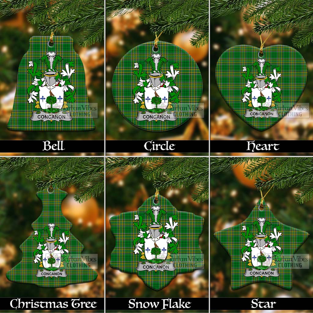 Tartan Vibes Clothing Concanon Irish Clan Tartan Christmas Ceramic Ornament with Coat of Arms