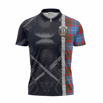 Congilton Tartan Zipper Polo Shirt with Family Crest Cross Sword Thistle Celtic Vibes