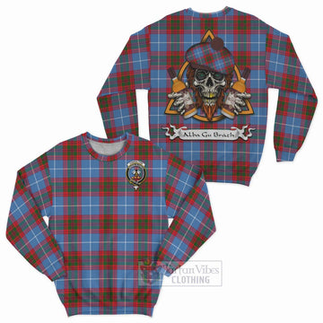 Congilton Tartan Sweatshirt with Family Crest and Bearded Skull Holding Bottles of Whiskey