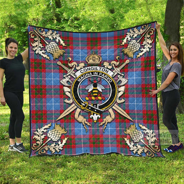 Congilton Tartan Quilt with Family Crest and Golden Thistle Crossed Sword Design