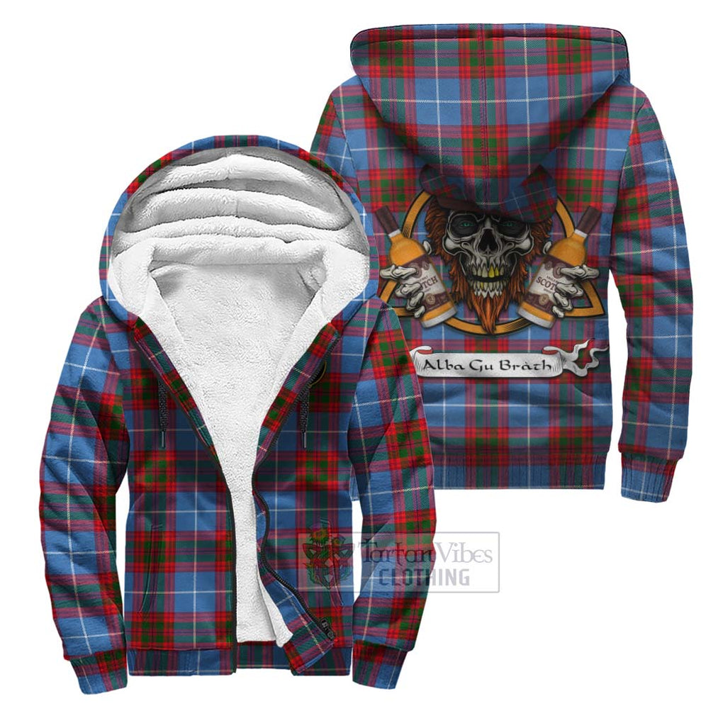 Tartan Vibes Clothing Congilton Tartan Sherpa Hoodie with Family Crest and Bearded Skull Holding Bottles of Whiskey