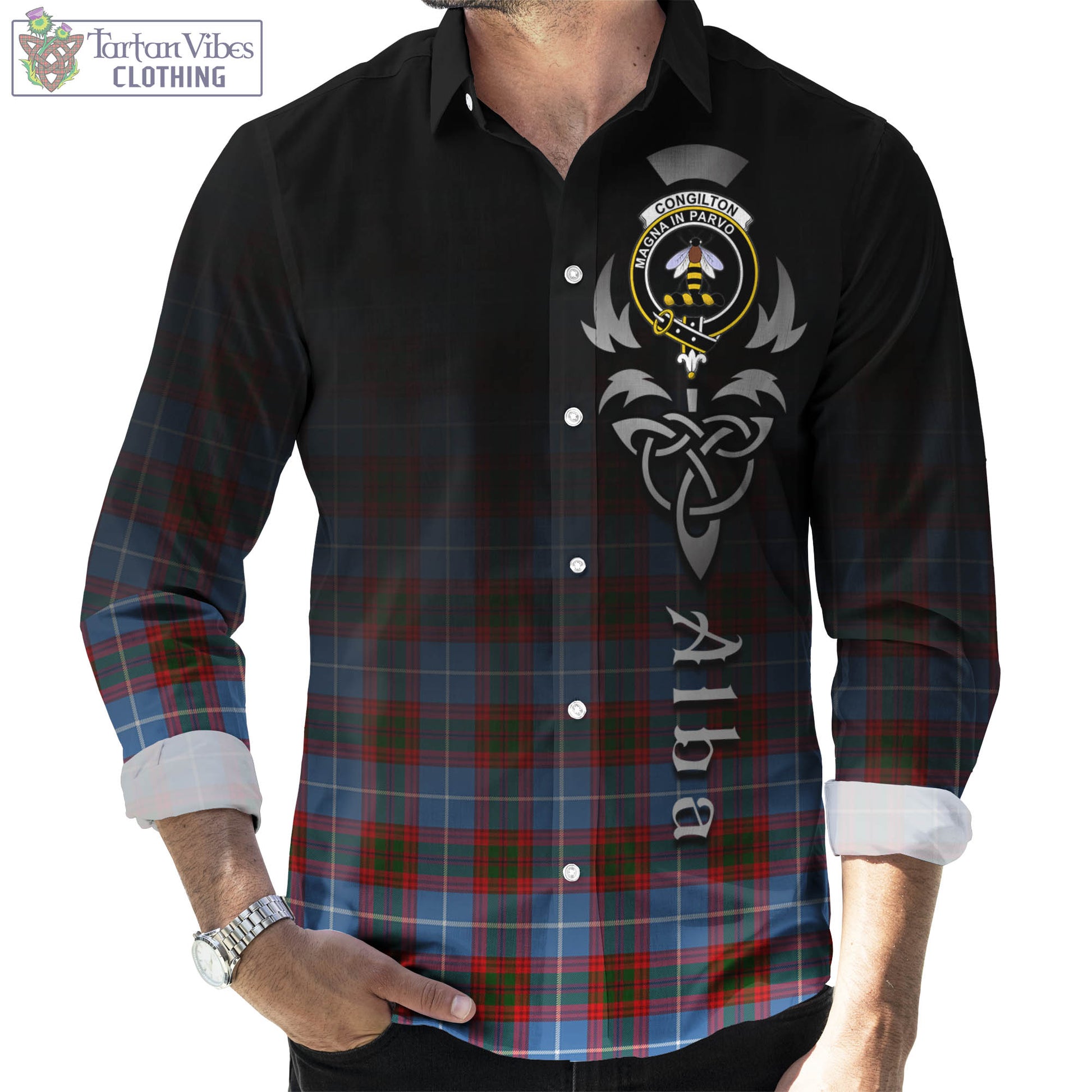 Tartan Vibes Clothing Congilton Tartan Long Sleeve Button Up Featuring Alba Gu Brath Family Crest Celtic Inspired