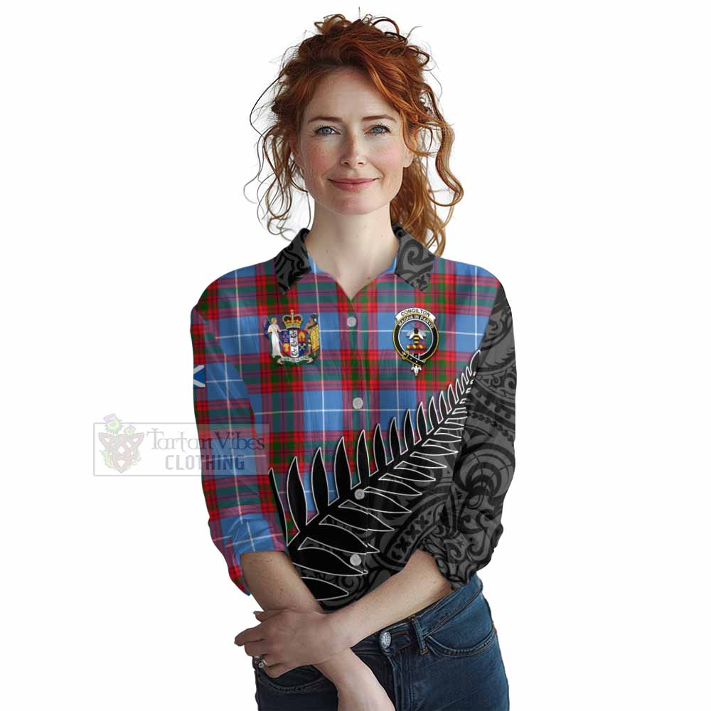 Tartan Vibes Clothing Congilton Crest Tartan Women's Casual Shirt with New Zealand Silver Fern Half Style