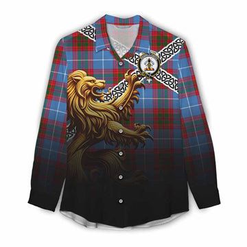 Congilton Crest Tartan Women's Casual Shirt with Golden Lion Emblem Celtic Style Female - Tartan Vibes Clothing