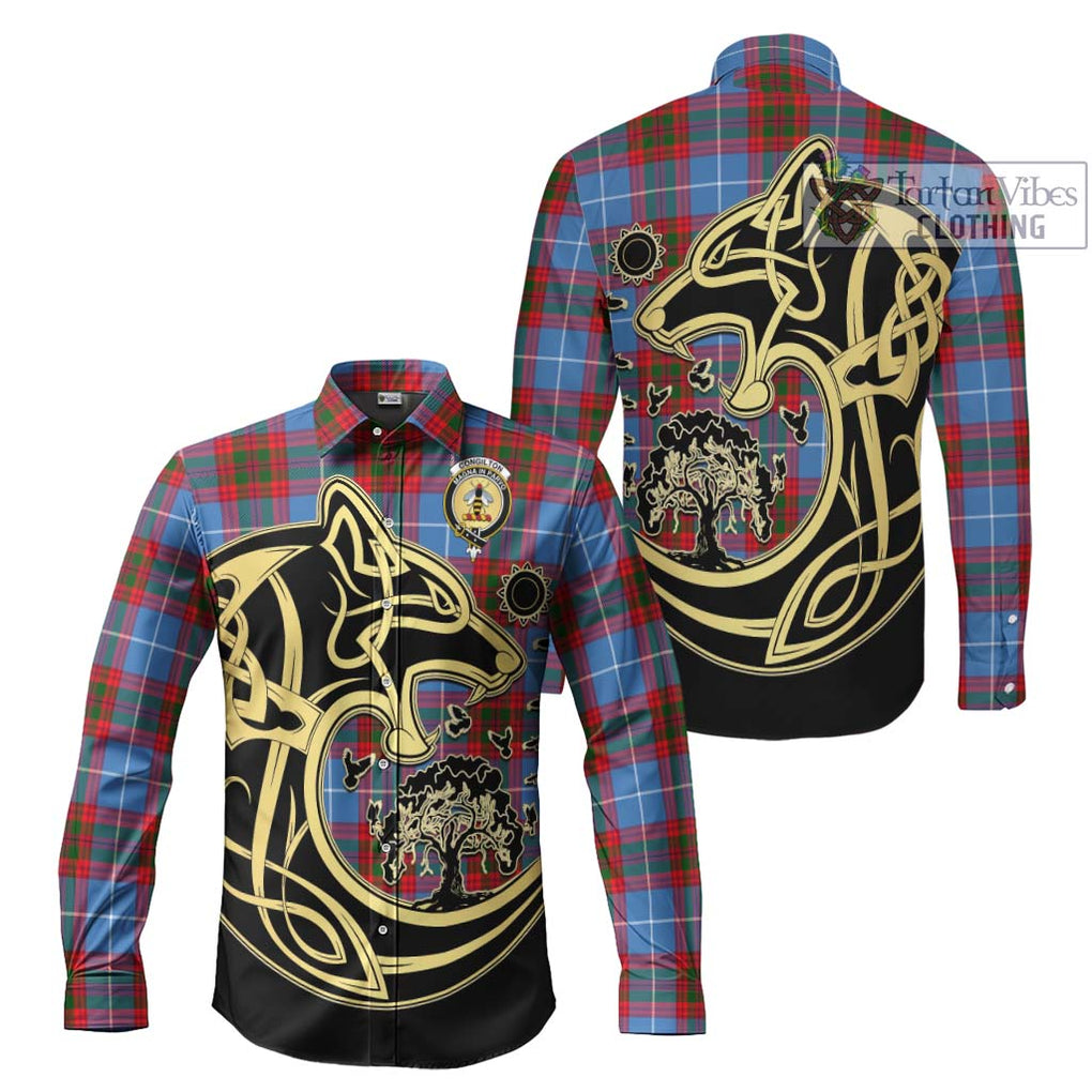 Congilton Tartan Long Sleeve Button Shirt with Family Crest Celtic Wolf Style Men's Shirt S - Tartan Vibes Clothing