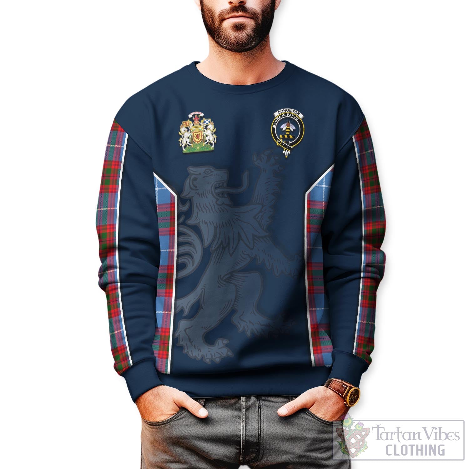 Tartan Vibes Clothing Congilton Tartan Sweater with Family Crest and Lion Rampant Vibes Sport Style