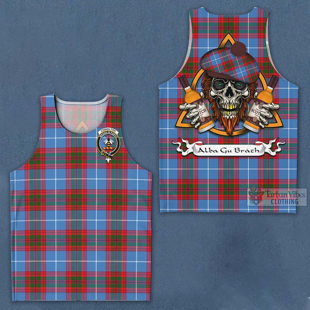 Tartan Vibes Clothing Congilton Tartan Men's Tank Top with Family Crest and Bearded Skull Holding Bottles of Whiskey