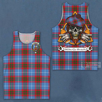 Congilton Tartan Men's Tank Top with Family Crest and Bearded Skull Holding Bottles of Whiskey