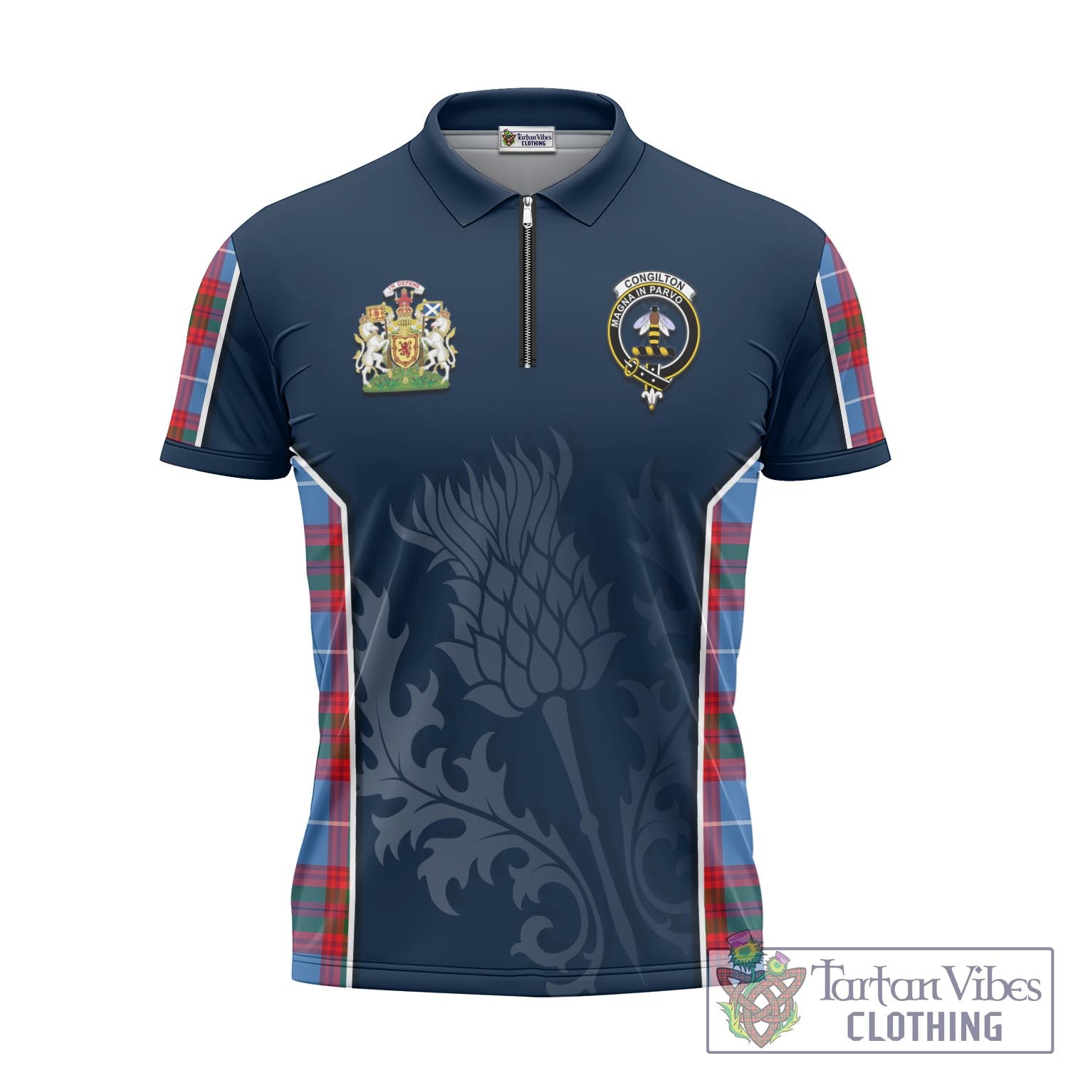 Tartan Vibes Clothing Congilton Tartan Zipper Polo Shirt with Family Crest and Scottish Thistle Vibes Sport Style