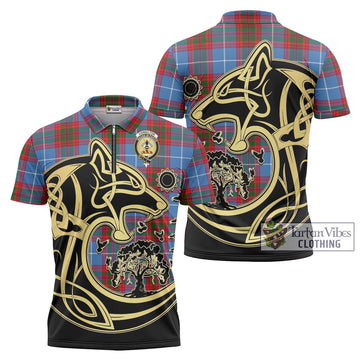 Congilton Tartan Zipper Polo Shirt with Family Crest Celtic Wolf Style