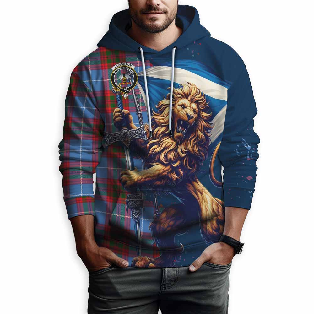 Congilton Tartan Family Crest Hoodie with Scottish Majestic Lion