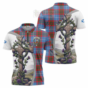 Congilton Tartan Zipper Polo Shirt with Family Crest and St. Andrew's Cross Accented by Thistle Vines