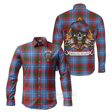 Congilton Tartan Long Sleeve Button Shirt with Family Crest and Bearded Skull Holding Bottles of Whiskey