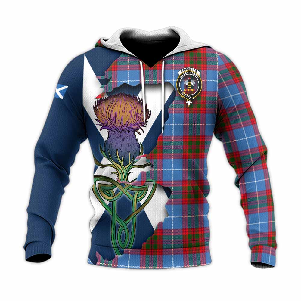 Congilton Tartan Family Crest Knitted Hoodie Scottish Thistle Celtic Inspired Unisex Knitted Pullover Hoodie - Tartan Vibes Clothing