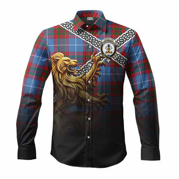 Congilton Crest Tartan Long Sleeve Button Shirt with Golden Lion Emblem Celtic Style Men's Shirt S - Tartan Vibes Clothing