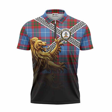 Congilton Crest Tartan Zipper Polo Shirt with Golden Lion Emblem Celtic Style Unisex - Tartan Vibes Clothing
