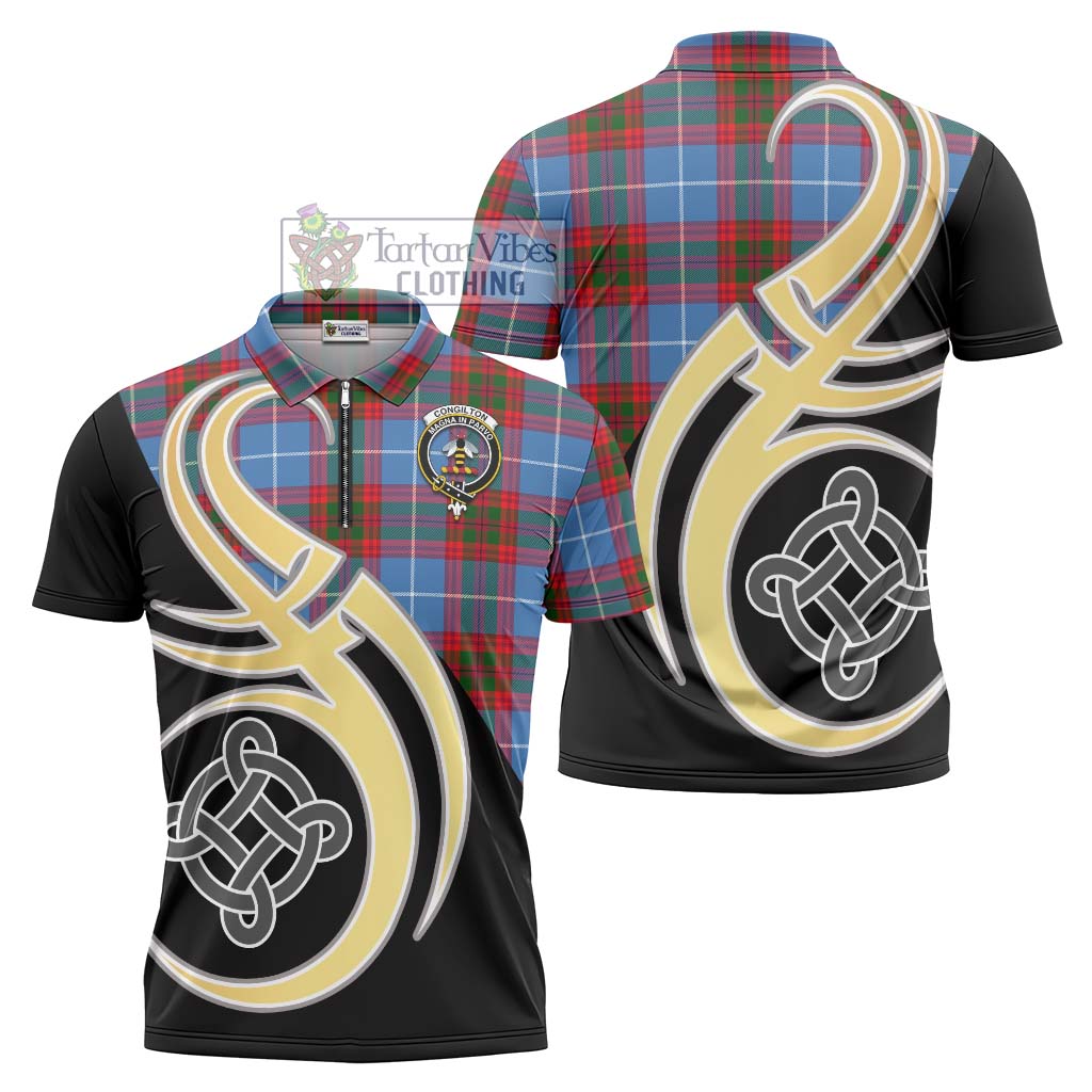 Tartan Vibes Clothing Congilton Tartan Zipper Polo Shirt with Family Crest and Celtic Symbol Style