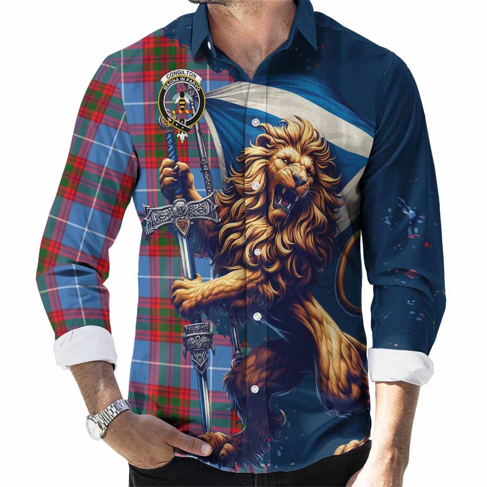 Tartan Vibes Clothing Congilton Tartan Family Crest Long Sleeve Button Shirt with Scottish Majestic Lion