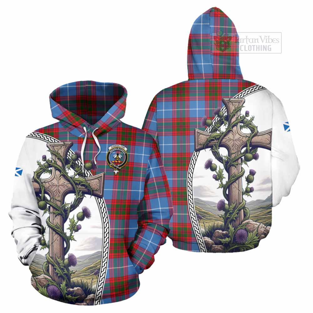 Tartan Vibes Clothing Congilton Tartan Hoodie with Family Crest and St. Andrew's Cross Accented by Thistle Vines