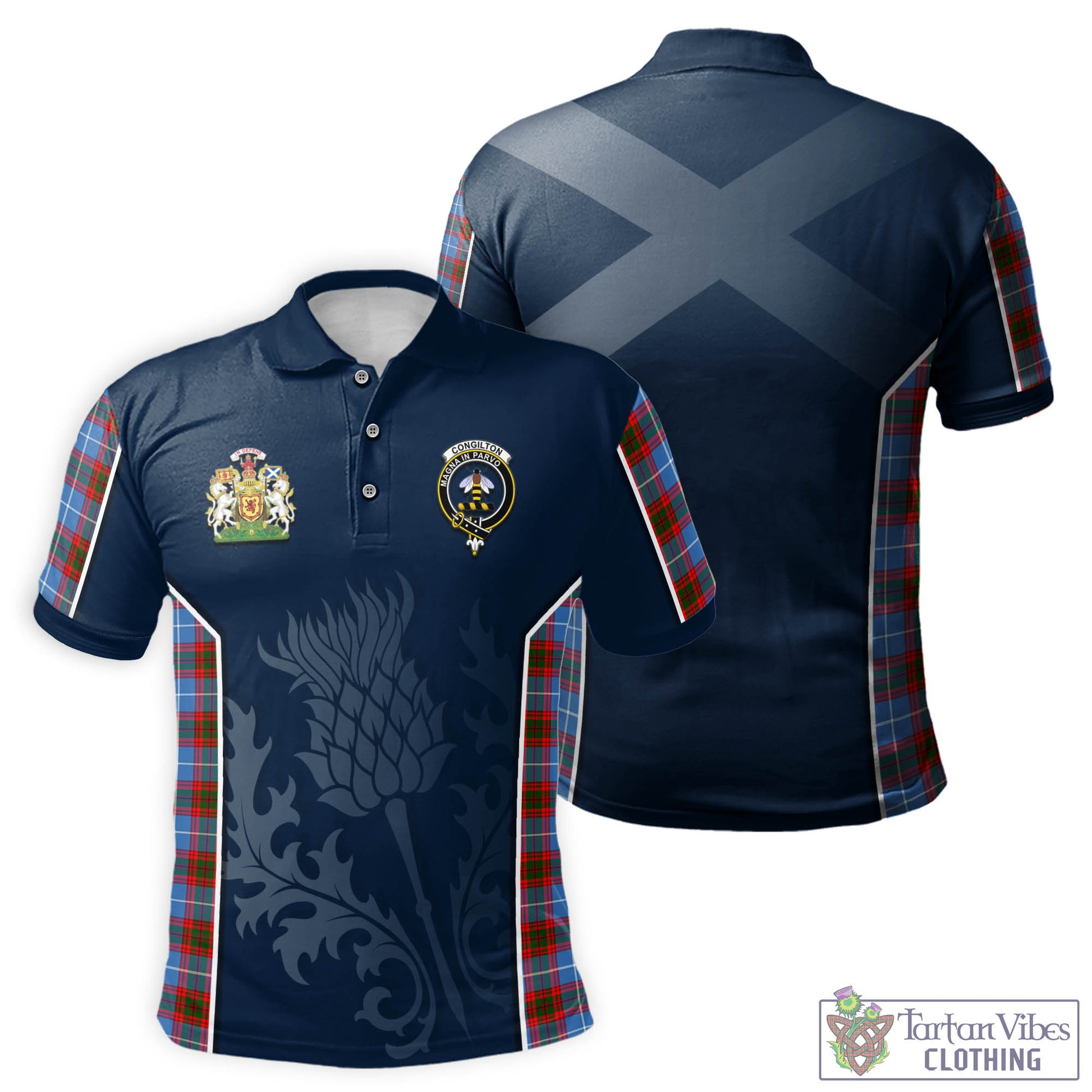 Tartan Vibes Clothing Congilton Tartan Men's Polo Shirt with Family Crest and Scottish Thistle Vibes Sport Style