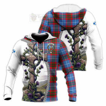 Congilton Tartan Knitted Hoodie with Family Crest and St. Andrew's Cross Accented by Thistle Vines