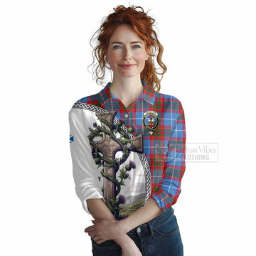 Congilton Tartan Women's Casual Shirt with Family Crest and St. Andrew's Cross Accented by Thistle Vines