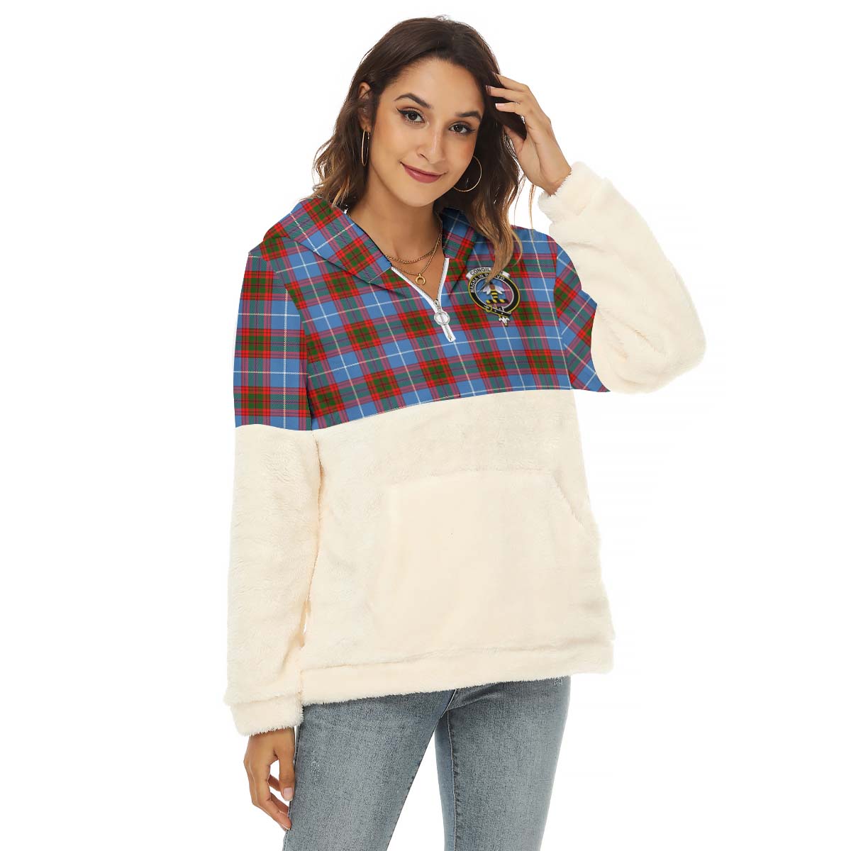 Congilton Tartan Women's Borg Fleece Hoodie With Half Zip with Family Crest Female - Tartan Vibes Clothing