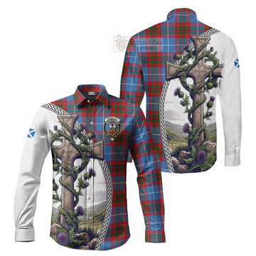 Congilton Tartan Long Sleeve Button Shirt with Family Crest and St. Andrew's Cross Accented by Thistle Vines