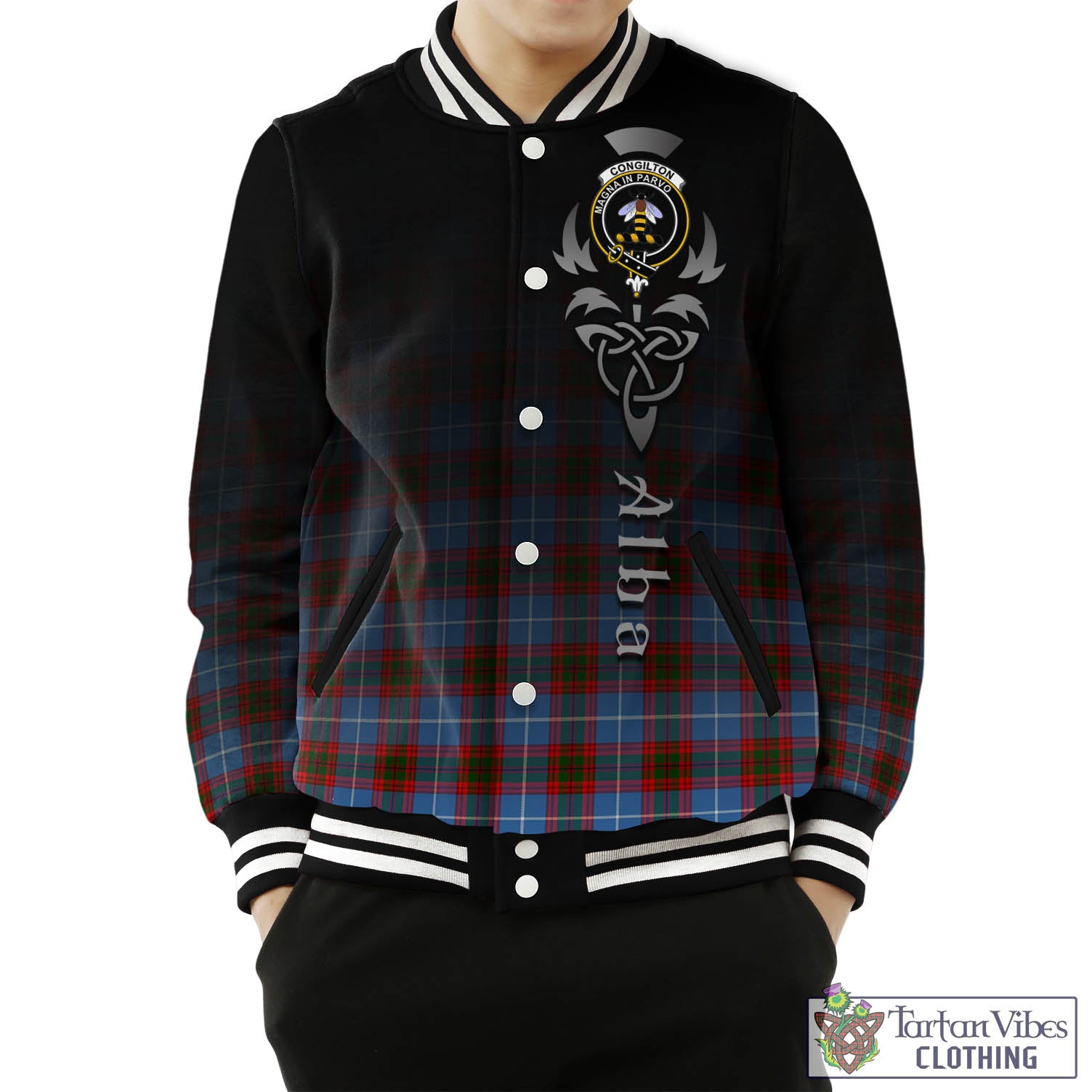 Tartan Vibes Clothing Congilton Tartan Baseball Jacket Featuring Alba Gu Brath Family Crest Celtic Inspired