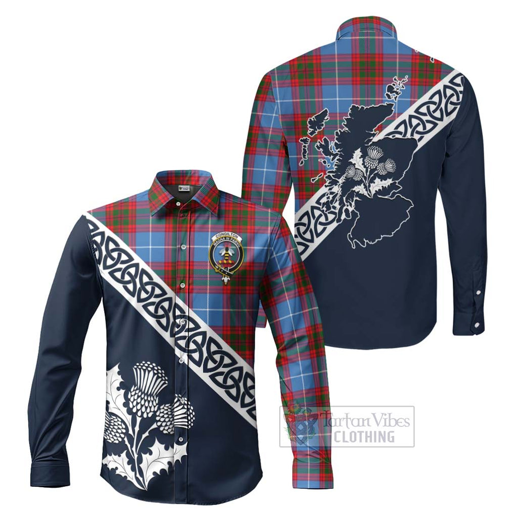 Tartan Vibes Clothing Congilton Tartan Long Sleeve Button Shirt Featuring Thistle and Scotland Map